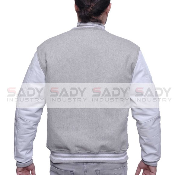 Bomber Jacket Varsity Letterman Baseball in Grey Wool and Genuine White Leather - Picture 2 of 8